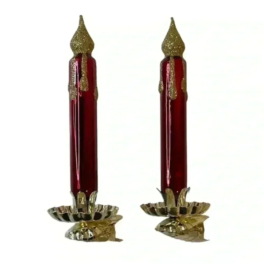 Set‎ Of 2 Red and Gold Shiny Candle Clip On German Glass Christmas Ornament